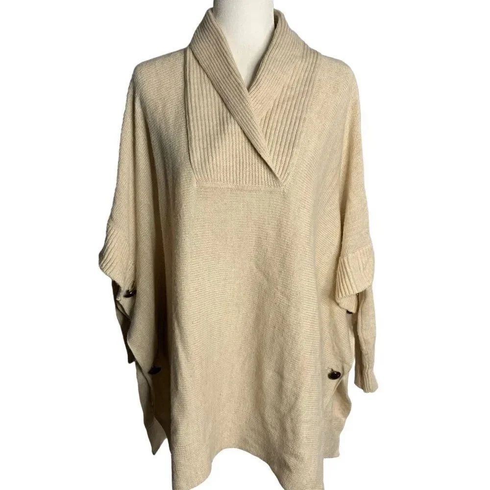 Aqua Brand Pullover Long Sleeve Poncho Sweater S Beige Cable Knit Buttons